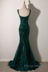 Green Mermaid Long Straps Sequins Long Formal Prom Dress, Green Mermaid Evening Dress