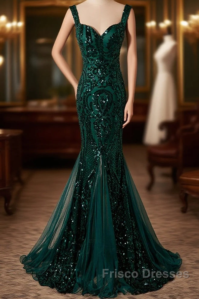 Green Mermaid Long Straps Sequins Long Formal Prom Dress, Green Mermaid Evening Dress Main image