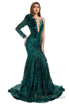 Orange Mermaid One Sleeve Formal Prom Dresses Sequined Lace Jewel Ruffles Evening Party Dresses with Appliques