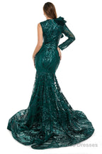 Navy Blue Mermaid One Sleeve Prom Dresses Sequined Lace Jewel Ruffles Evening Party Dress with Appliques