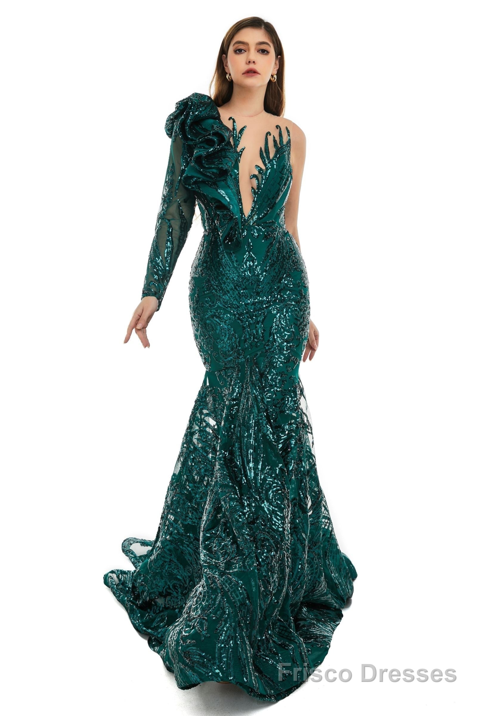 Navy Blue Mermaid One Sleeve Prom Dresses Sequined Lace Jewel Ruffles Evening Party Dress with Appliques