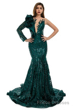 Orange Mermaid One Sleeve Formal Prom Dresses Sequined Lace Jewel Ruffles Evening Party Dresses with Appliques