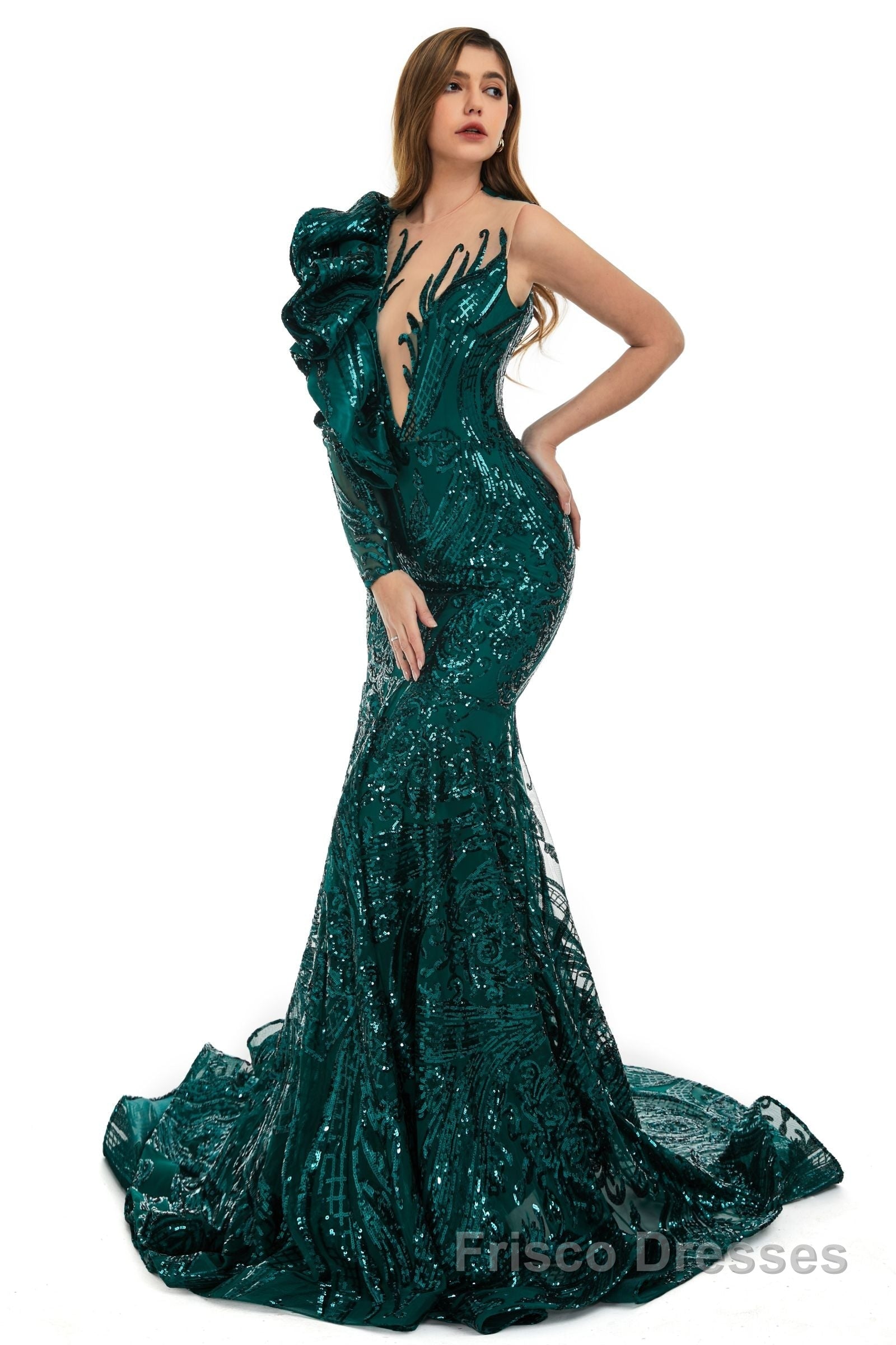 Orange Mermaid One Sleeve Formal Prom Dresses Sequined Lace Jewel Ruffles Evening Party Dresses with Appliques