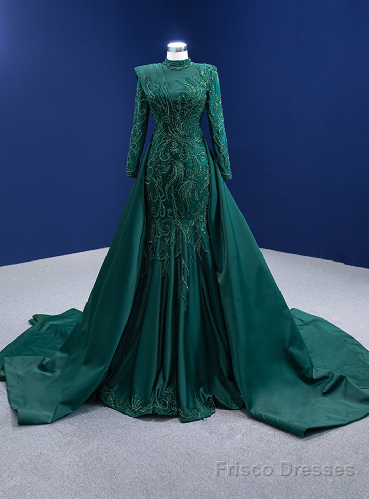 Green Mermaid Satin Long Sleeve Prom Dress Detachable Train Main image