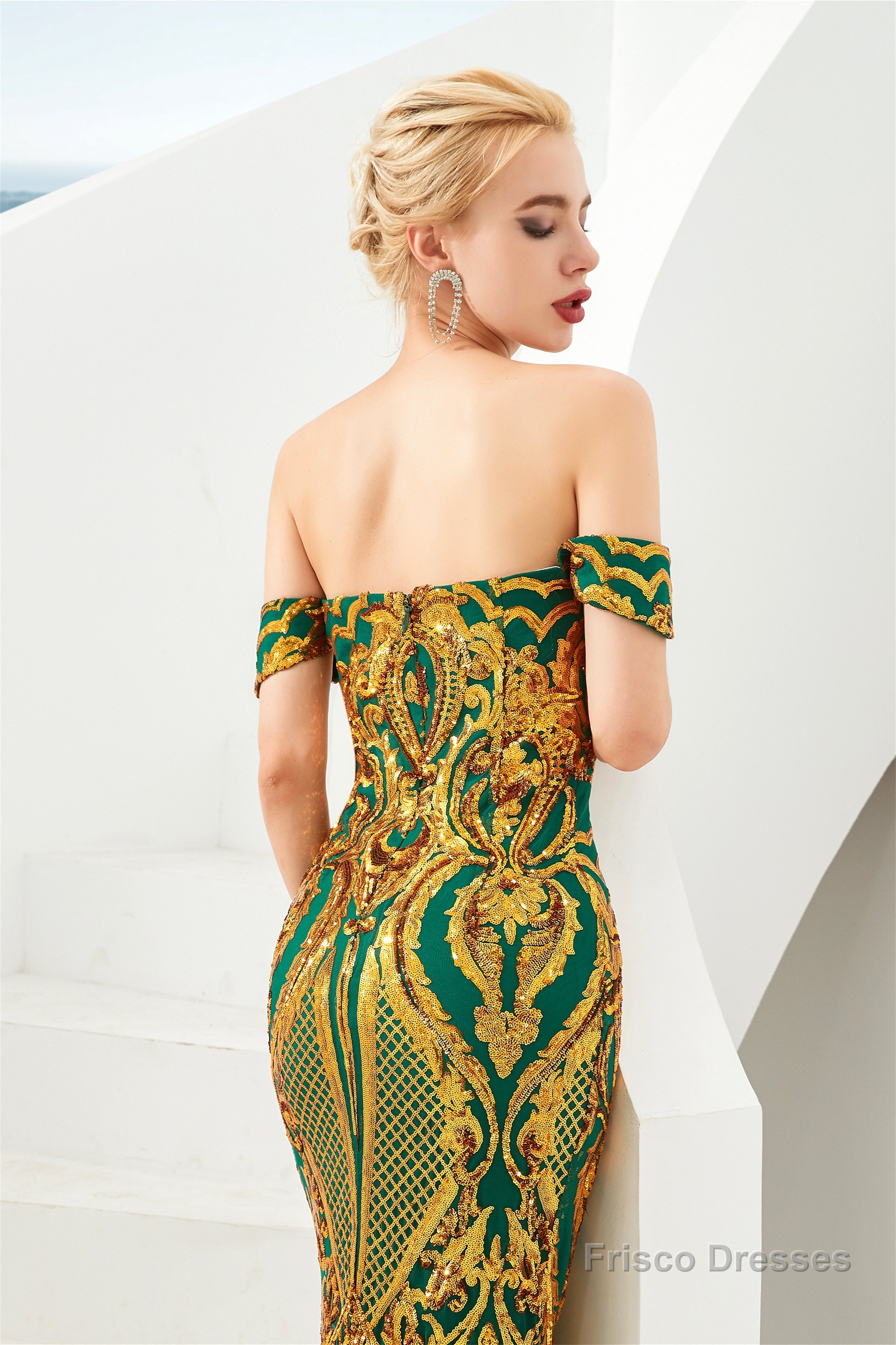 Mermaid Sequined Sheath Off Shoulde Prom Dresses with Fitted Bodice