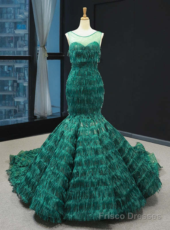 Green Mermaid Sequins Tassel Backless Prom Dress With Long Train Main image