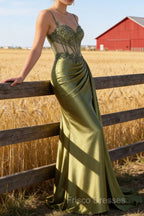 Green Mermaid Spaghetti Straps Pleated Long Corset Satin Prom Dress With Slit