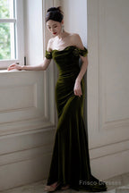 Green Mermaid Sweetheart Off Shoulder Formal Dress, Green Velvet Prom Dress