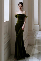 Green Mermaid Sweetheart Off Shoulder Formal Dress, Green Velvet Prom Dress