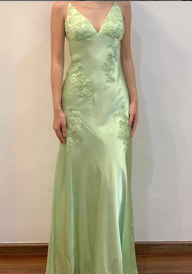 Green Mermaid V Neck Appliques Satin Open Back Long Prom Dress Outfits Main image