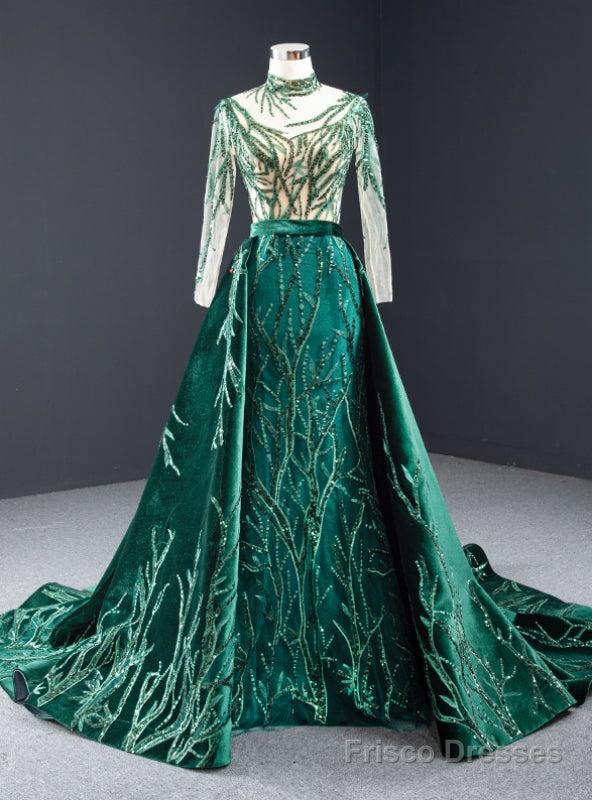 Green Mermaid Velvet High Neck Long Sleeve Sequins Prom Dress With Removable Train