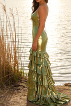 Green Metallic Tiered Mermaid Tie Back Long Prom Dress With Slit