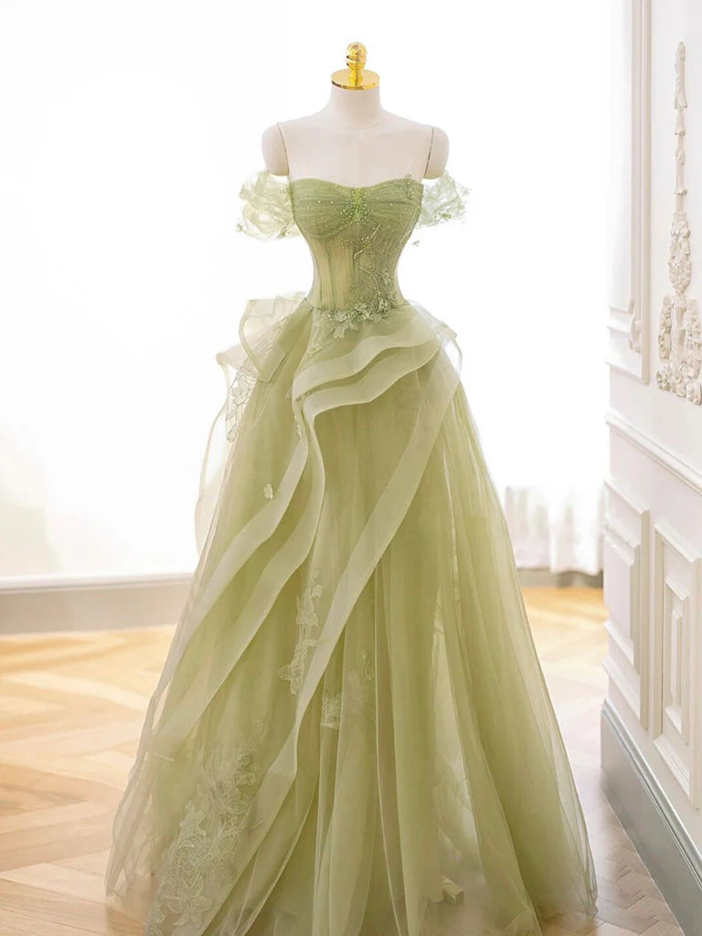 Green Off Shoulder Lace Long Prom Dress, Green Formal Dress Secondary image