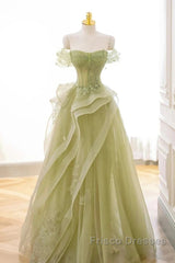 Green Off Shoulder Lace Long Formal Prom Dress, Green Formal Dress
