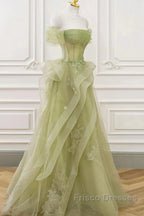Green Off Shoulder Lace Long Formal Prom Dress, Green Formal Dress