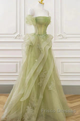 Green Off Shoulder Lace Long Formal Prom Dress, Green Formal Dress