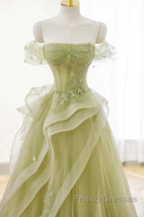 Green Off Shoulder Lace Long Formal Prom Dress, Green Formal Dress