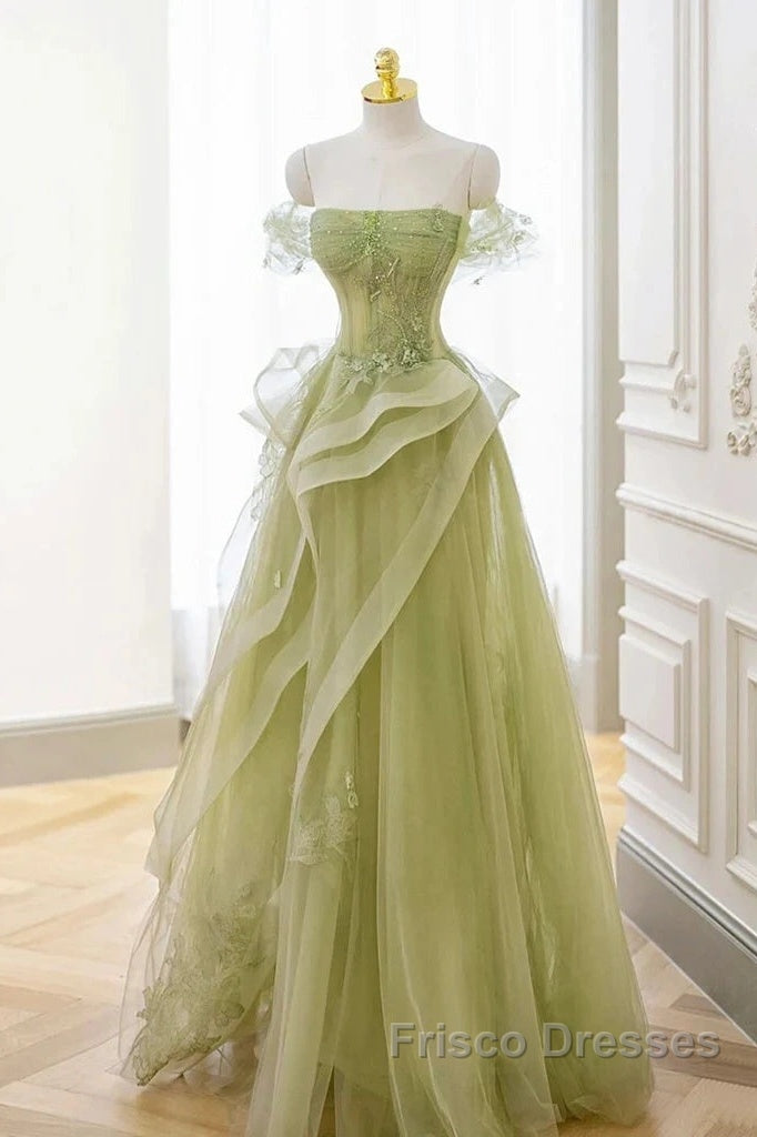 Green Off Shoulder Lace Long Formal Prom Dress, Green Formal Dress