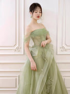 Green Off Shoulder Lace Long Prom Dress, Green Formal Dress