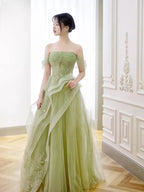 Green Off Shoulder Lace Long Prom Dress, Green Formal Dress