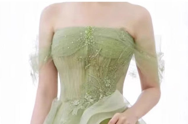 Green Off Shoulder Lace Long Prom Dress, Green Formal Dress