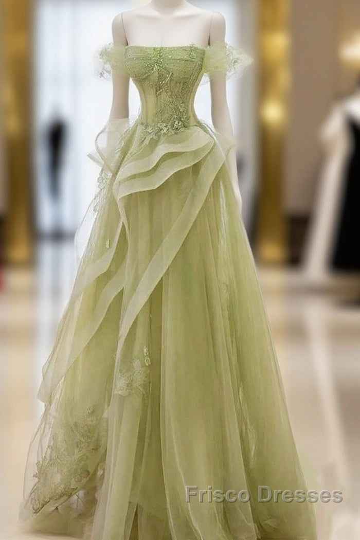 Green Off Shoulder Lace Long Formal Prom Dress, Green Formal Dress Main image