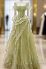 Green Off Shoulder Lace Long Formal Prom Dress, Green Formal Dress
