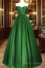Green Off Shoulder Tulle A-Line Long Party Dress, Green A-Line Formal Prom Dress
