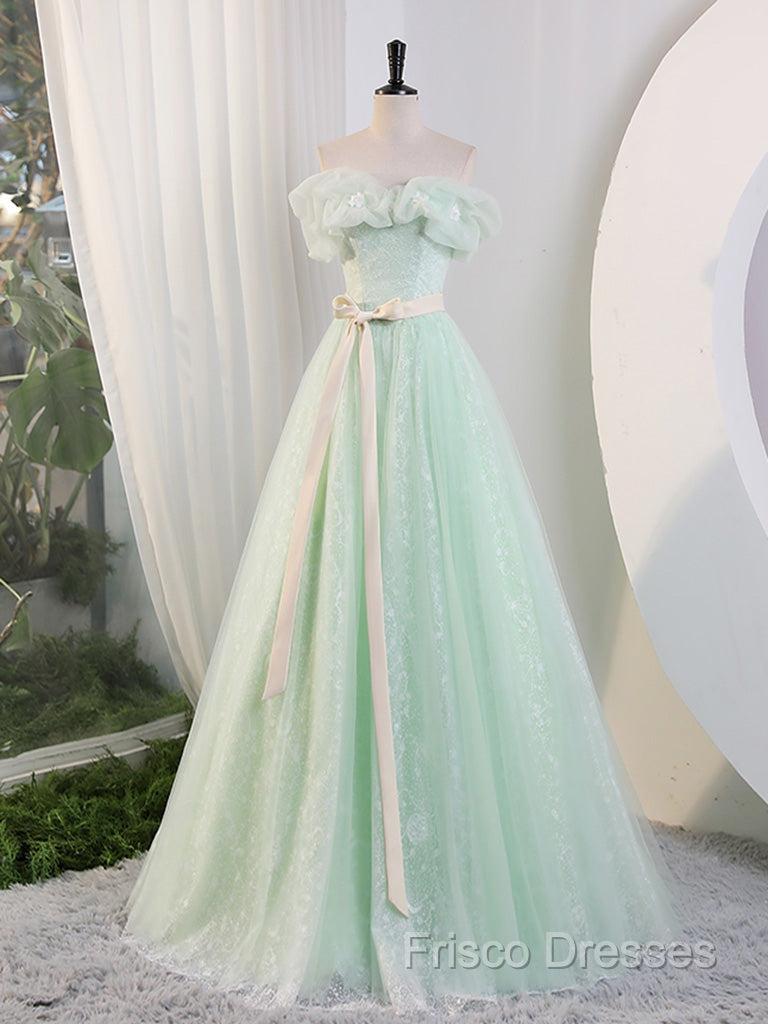 Green Off Shoulder Tulle Green Long Formal Prom Dress, Green Lace Long Sweet 16 Dress Secondary image