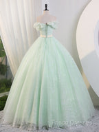 Green Off Shoulder Tulle Green Long Formal Prom Dress, Green Lace Long Sweet 16 Dress