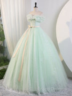 Green Off Shoulder Tulle Green Long Formal Prom Dress, Green Lace Long Sweet 16 Dress