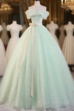 Green Off Shoulder Tulle Green Long Formal Prom Dress, Green Lace Long Sweet 16 Dress