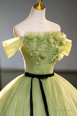 Green Off-Shoulder Tulle Long Formal Dress, Beautiful A-Line Evening Dress