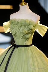 Green Off-Shoulder Tulle Long Formal Dress, Beautiful A-Line Evening Dress