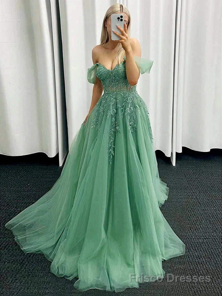 Green Off Shoulder Tulle Prom Dress with Lace Applique, Green Sweetheart Party Dress