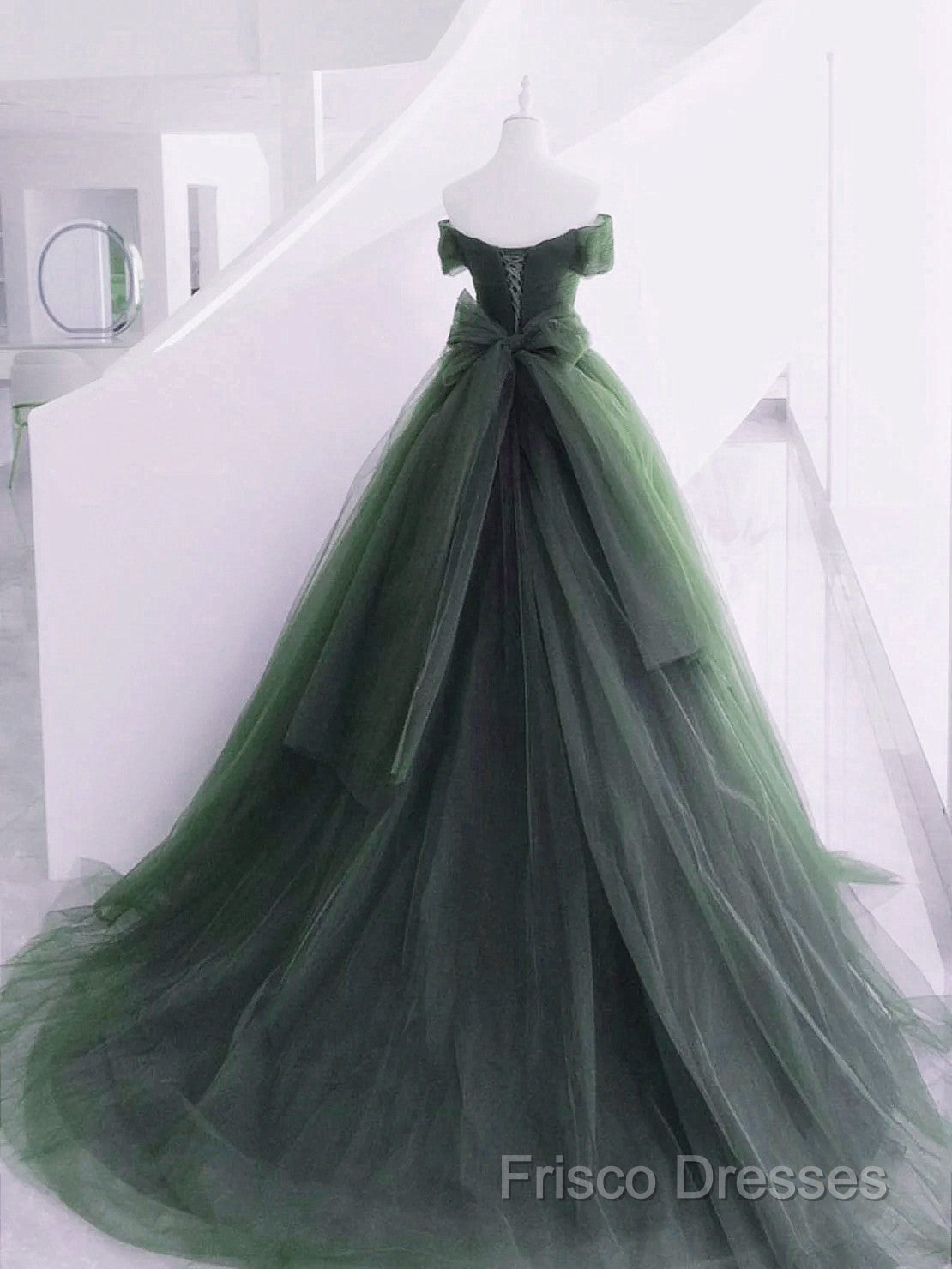 Green Off Shoulder Tulle Sweetheart Long Party Dress, Green Tulle Formal Dress Formal Prom Dress