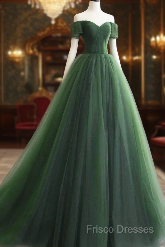 Green Off Shoulder Tulle Sweetheart Long Party Dress, Green Tulle Formal Dress Formal Prom Dress Main image
