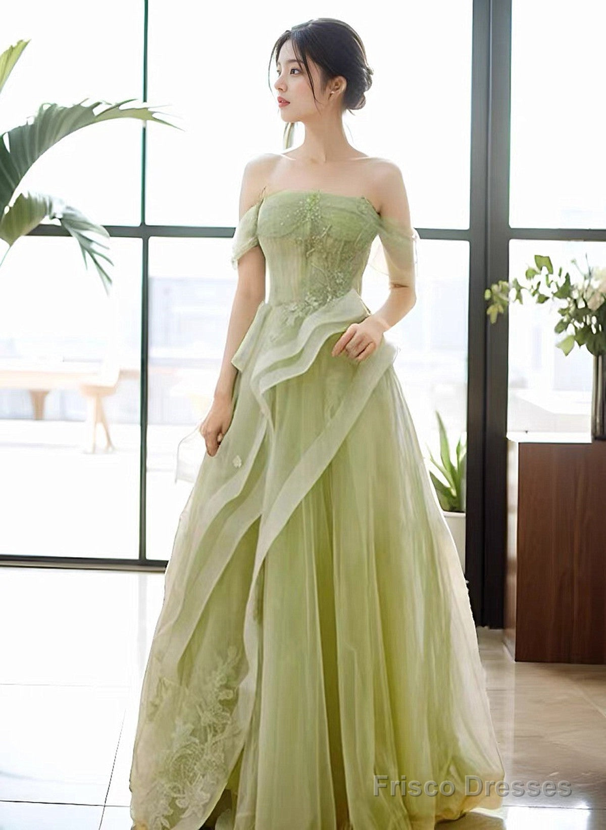 Green Off Shoulder Tulle With Lace A-Line Prom Dress, Green Long Formal Gown Main image