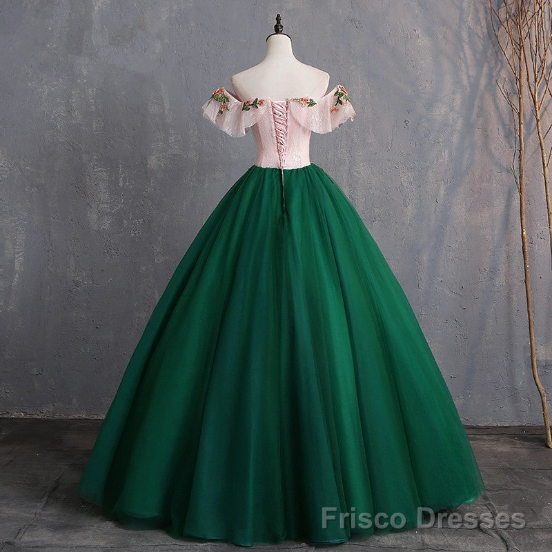 Green Off Shoulder Tulle with Lace Formal Gown, Green Evening Sweet 16 Dresses Main image