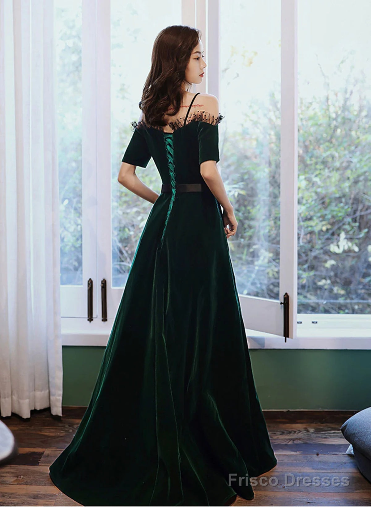 Green Off Shoulder Velvet Long Party Dress, Sweetheart Velvet Prom Dress Evening Dress