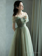 Green Off Shoulder with Flowers Tulle Long Party Dress, Green Prom Dress