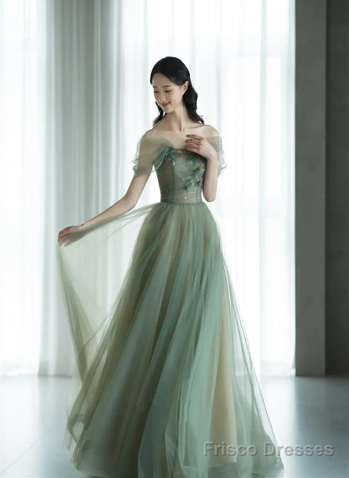 Green Off Shoulder with Flowers Tulle Long Party Dress, Green Prom Dress Main image