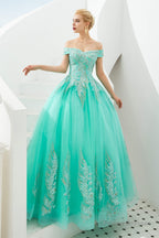 Off the Shoulder Sweetheart Applique A-line Floor Length Prom Dresses