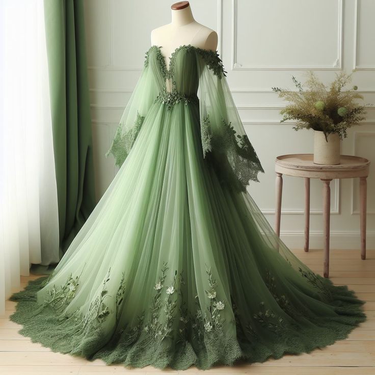 Green Off The Shoulder Wedding Dress Lace Applique V-Neck Tulle Bridal Gown Main image