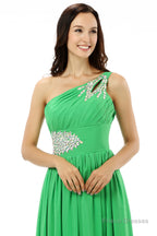 Green One Shoulder Chiffon With Crystal Pleats Bridesmaid Dresses