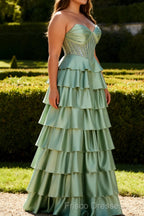 Green Princess Sweetheart Beaded Tiered Corset Long Prom Dress with Slit