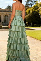 Green Princess Sweetheart Beaded Tiered Corset Long Prom Dress with Slit