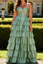 Green Princess Sweetheart Beaded Tiered Corset Long Prom Dress with Slit