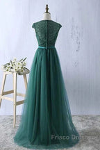 Green Formal Prom Dress Scoop Tulle & Lace With Sash A Line Sweep Train Floor Length Elegant