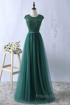 Green Formal Prom Dress Scoop Tulle & Lace With Sash A Line Sweep Train Floor Length Elegant